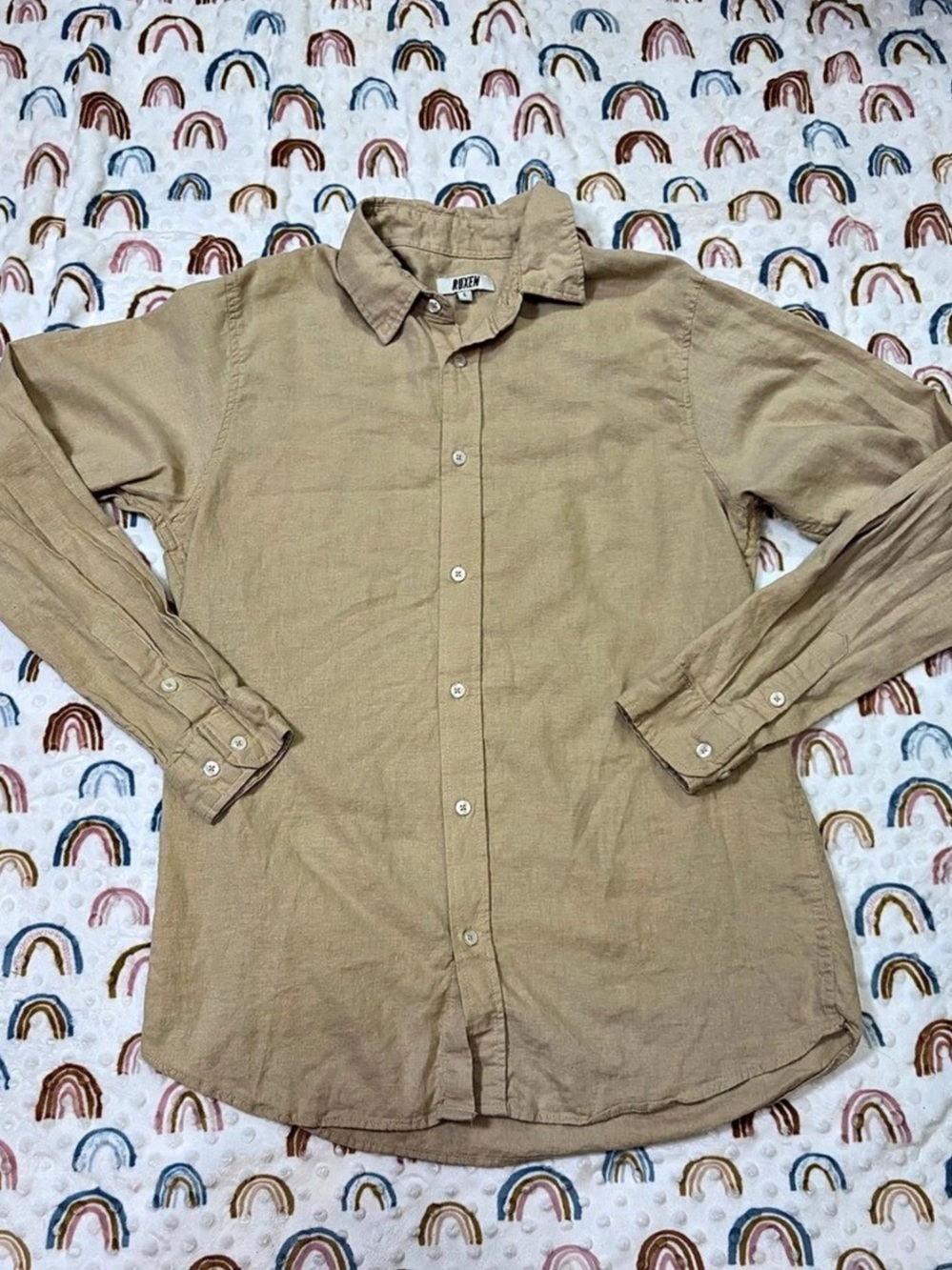 RUXEN Men's Linen Blend Button Down Shirt in Tan Size Large Like New